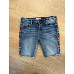 Driftwood Women's Jamie Embroidered Sides Wash Raw Hem Denim Bermuda Shorts